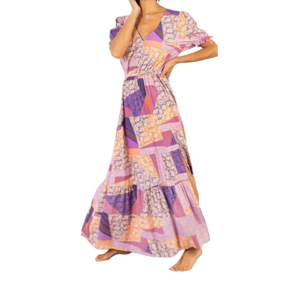 Stitch Womens Purple Orange Rayon Patchwork Floral Maxi Dress SZ M Boho Western